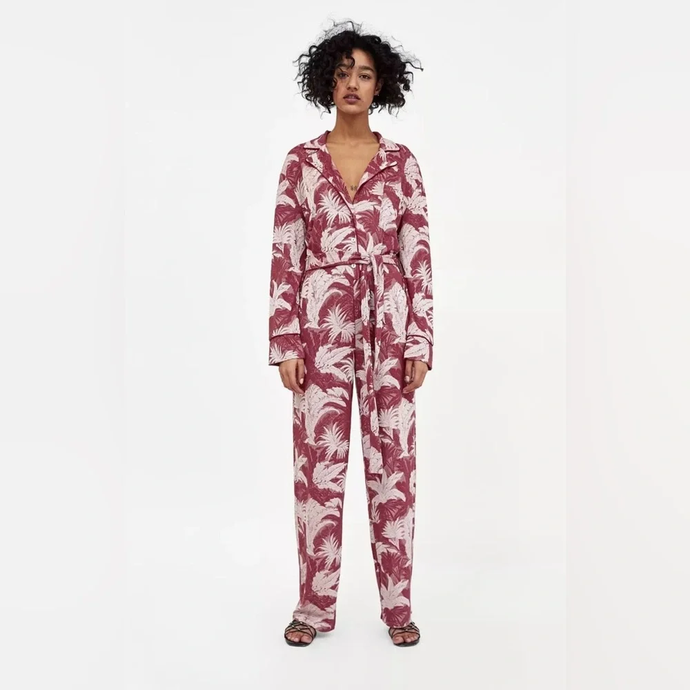 Zara Floral Jacquard Jumpsuit Pink‎ Red Long Sleeve Women's M